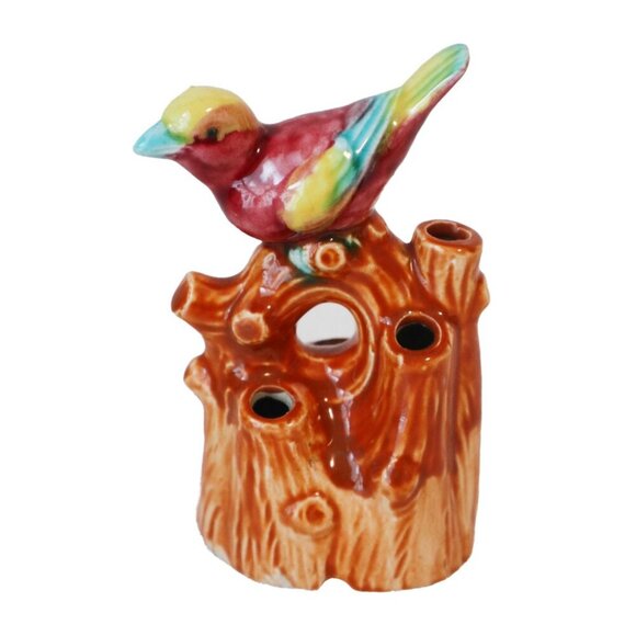 Vintage Japanese Ceramic Bird On Tree Stump Flower Frog Figurine 4" - Picture 2 of 6